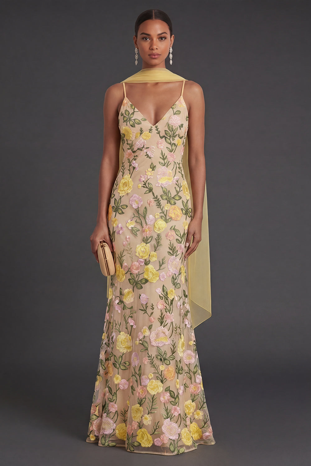 Yellow Mermaid Floral Neck Scarf Long Formal Dress