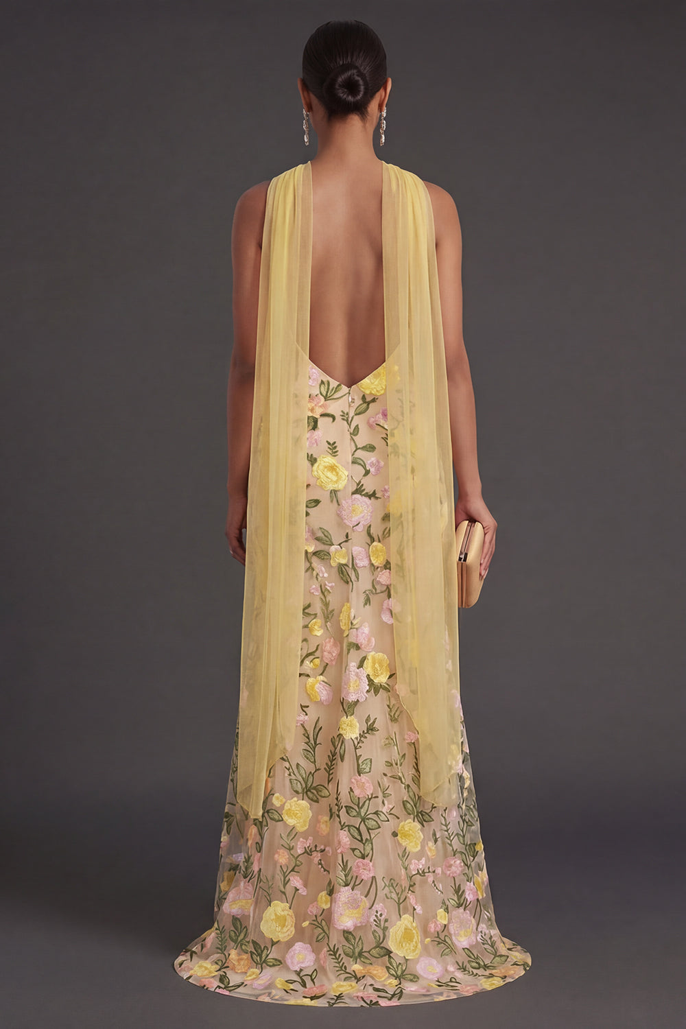 Yellow Mermaid Floral Neck Scarf Long Formal Dress