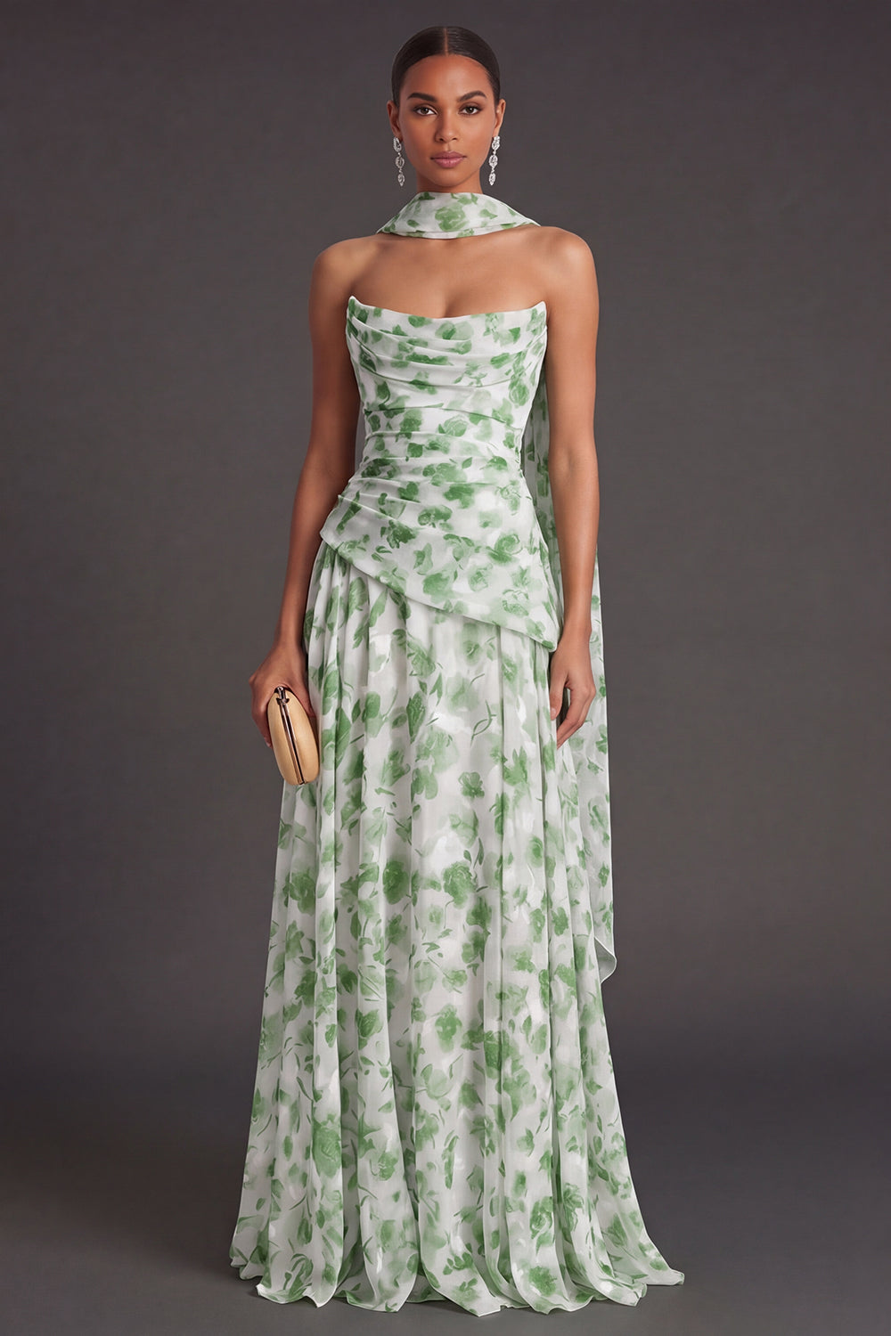 A Line Light Green Floral Neck Scarf Long Formal Dress