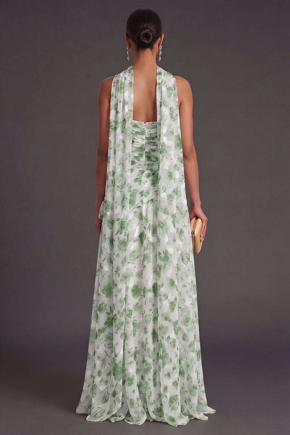 A Line Light Green Floral Neck Scarf Long Formal Dress