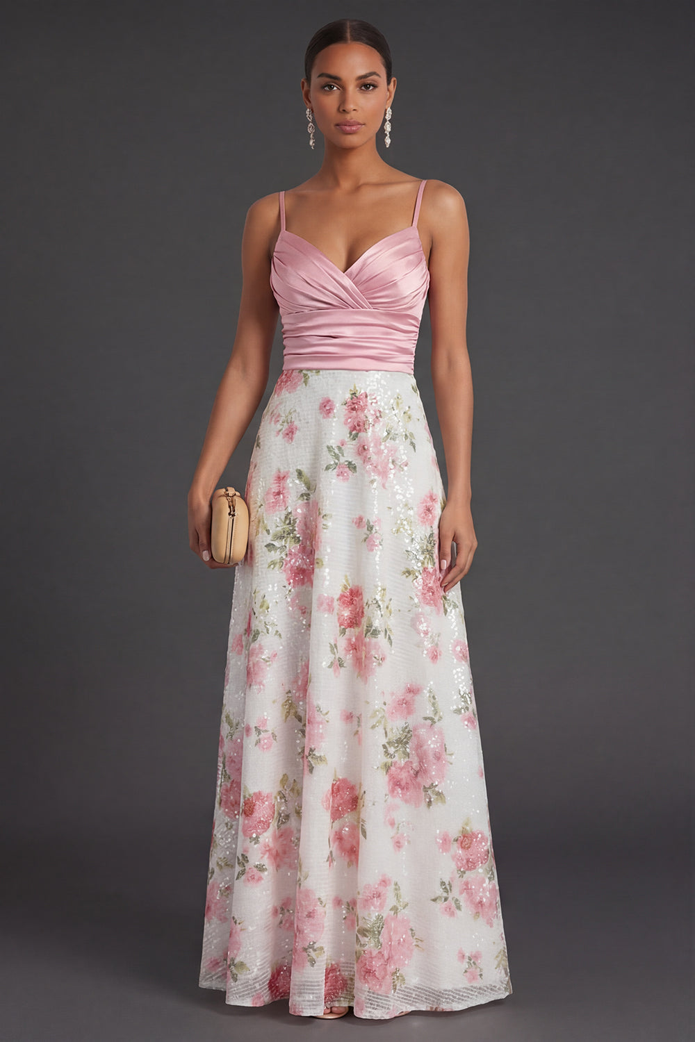 A Line Light Pink Floral Glitter Long Formal Dress
