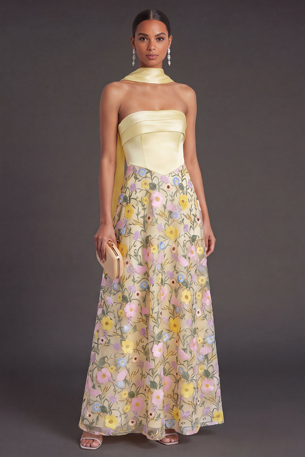 Yellow Floral A Line Strapless Long Formal Dress