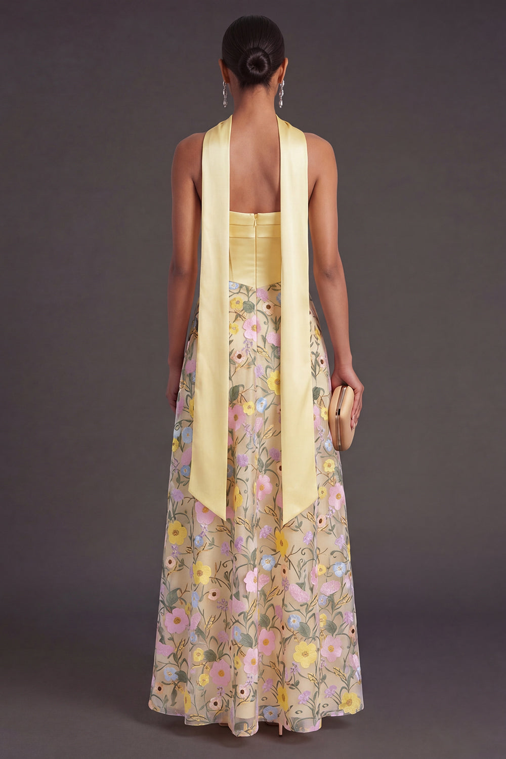 Yellow Floral A Line Strapless Long Formal Dress
