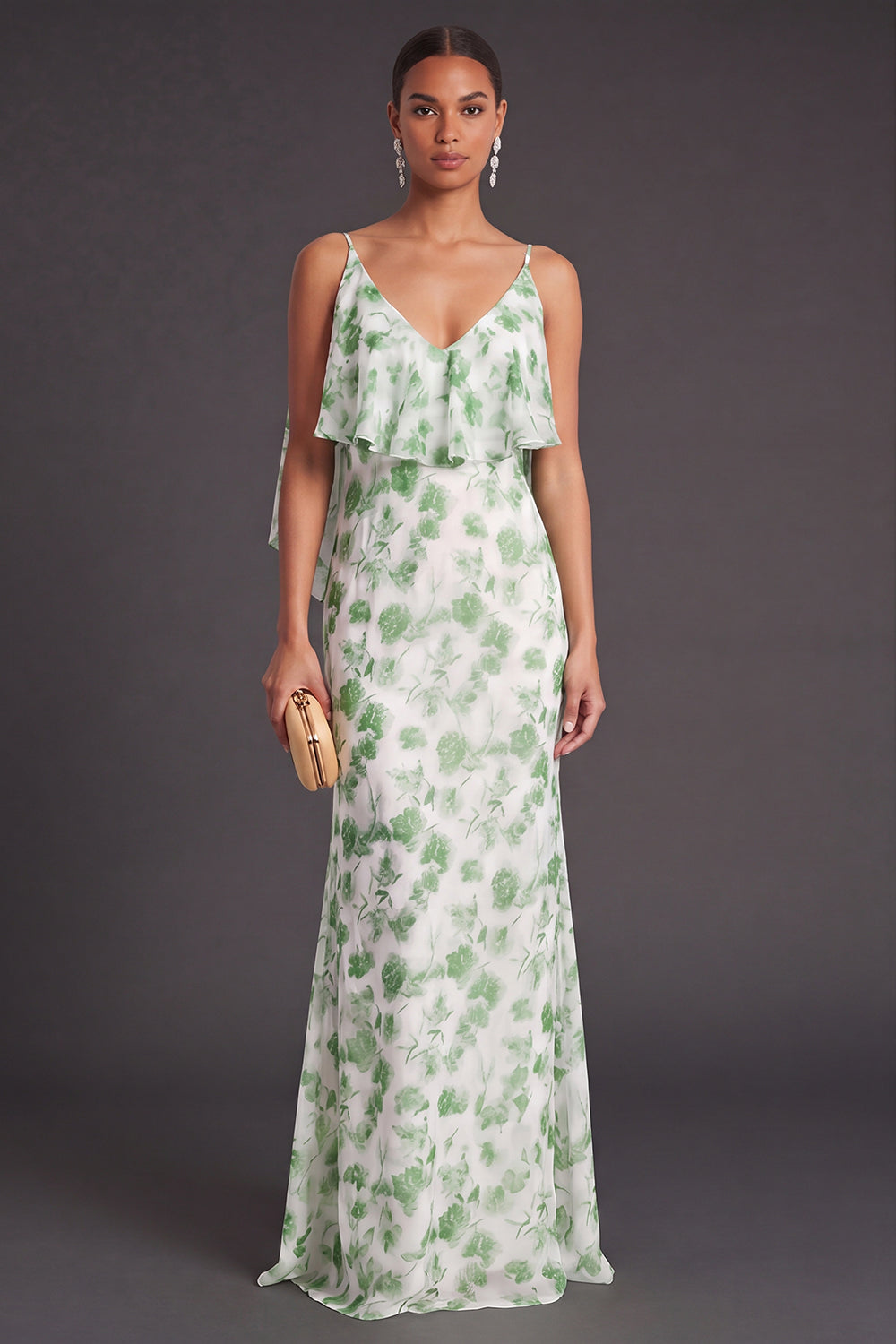Light Green Floral Mermaid Ruffled Long Formal Dress