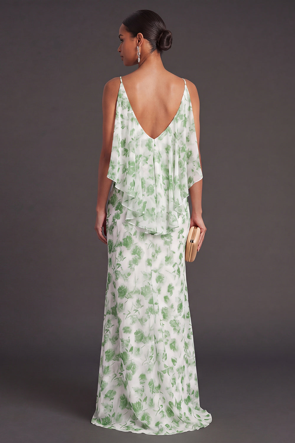 Light Green Floral Mermaid Ruffled Long Formal Dress