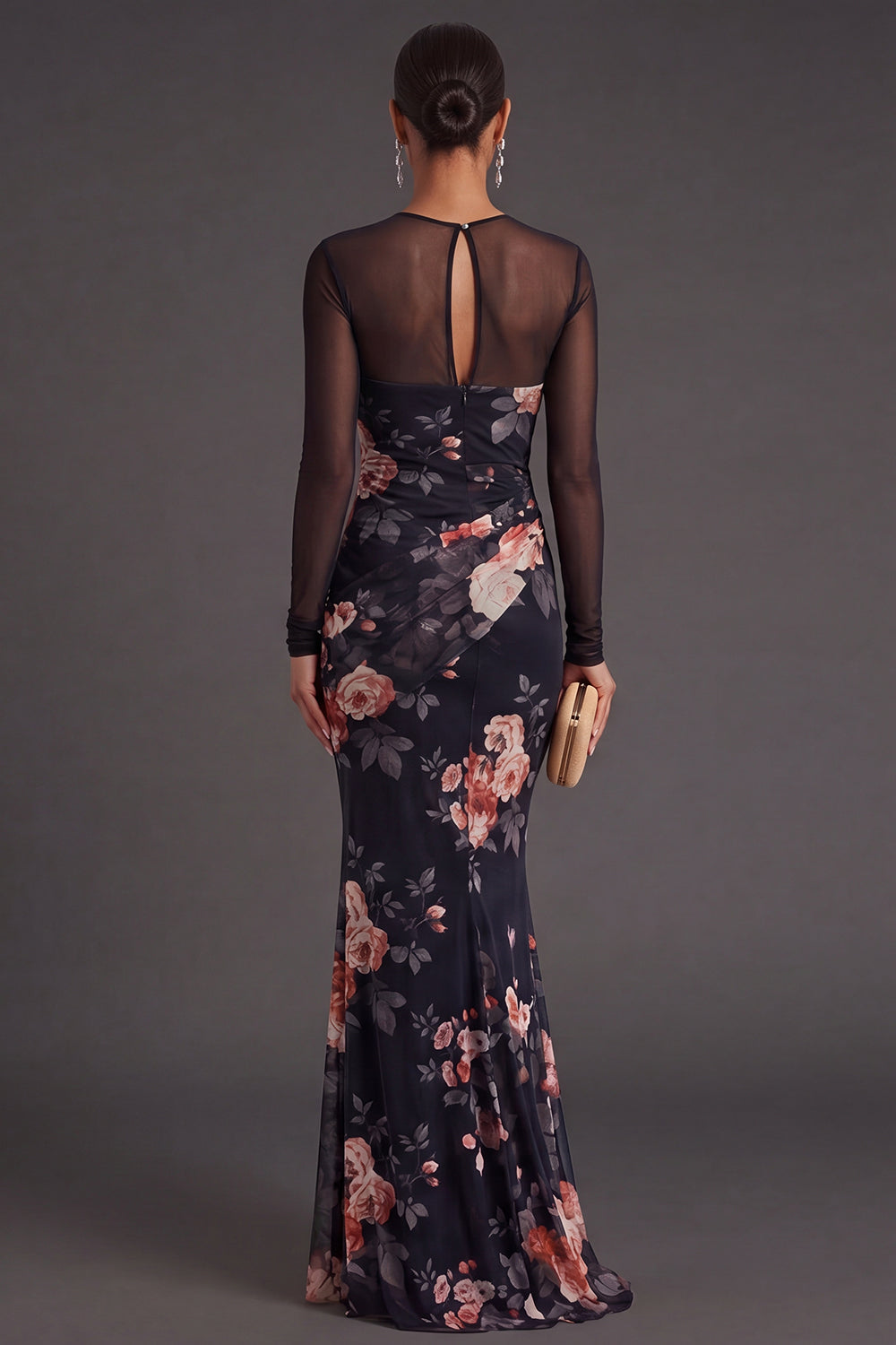 Black Floral Mermaid Ruched Long Formal Dress