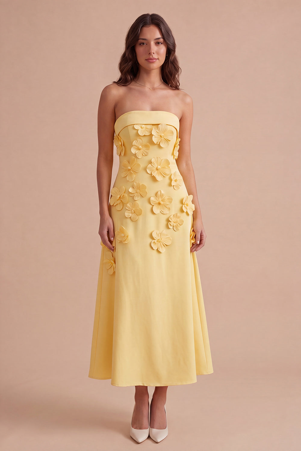 Yellow Floral Strapless A Line Long Wedding Guest Dress