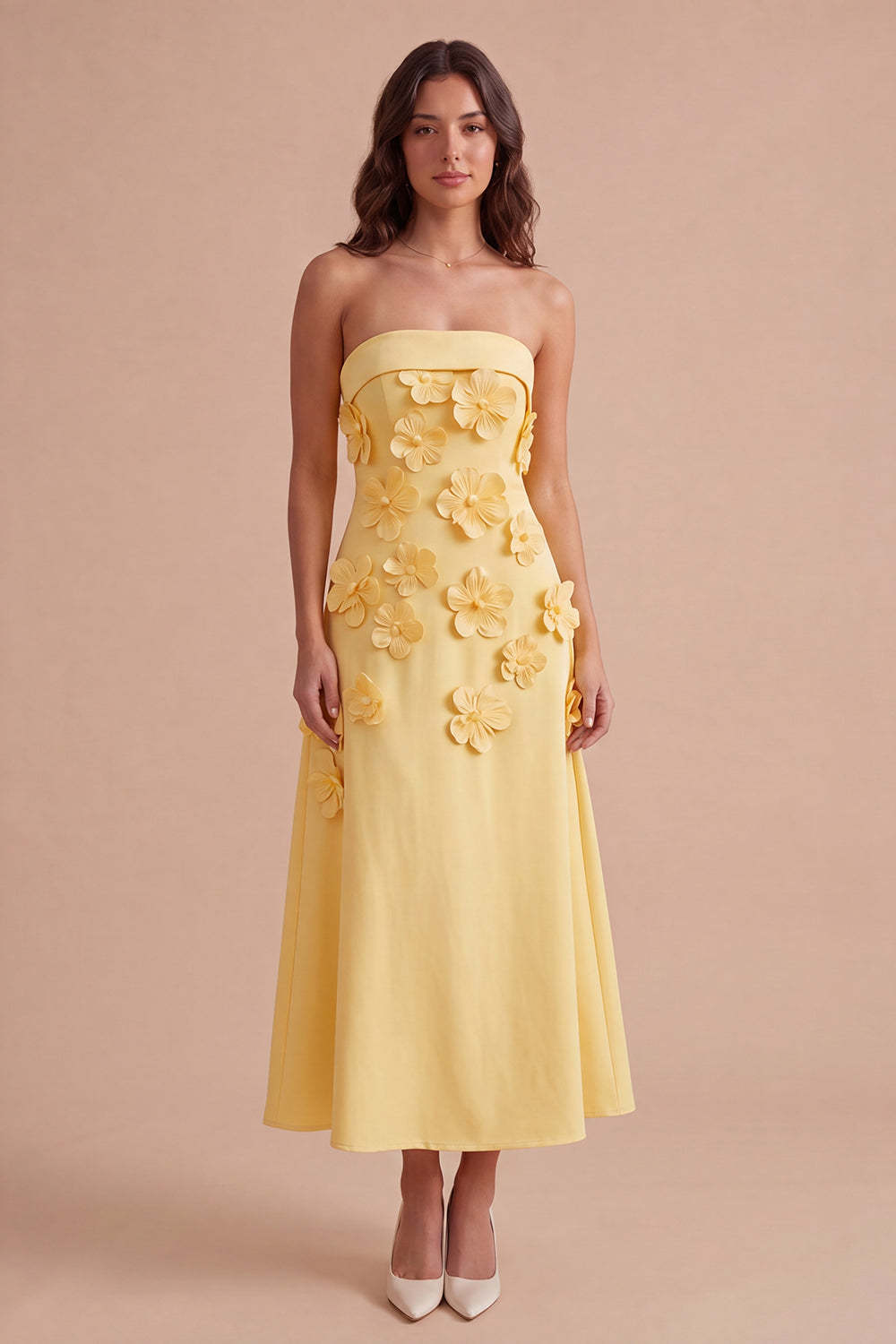 Leely Women Yellow Floral Long Wedding Guest Dress Strapless A Line Formal Dress