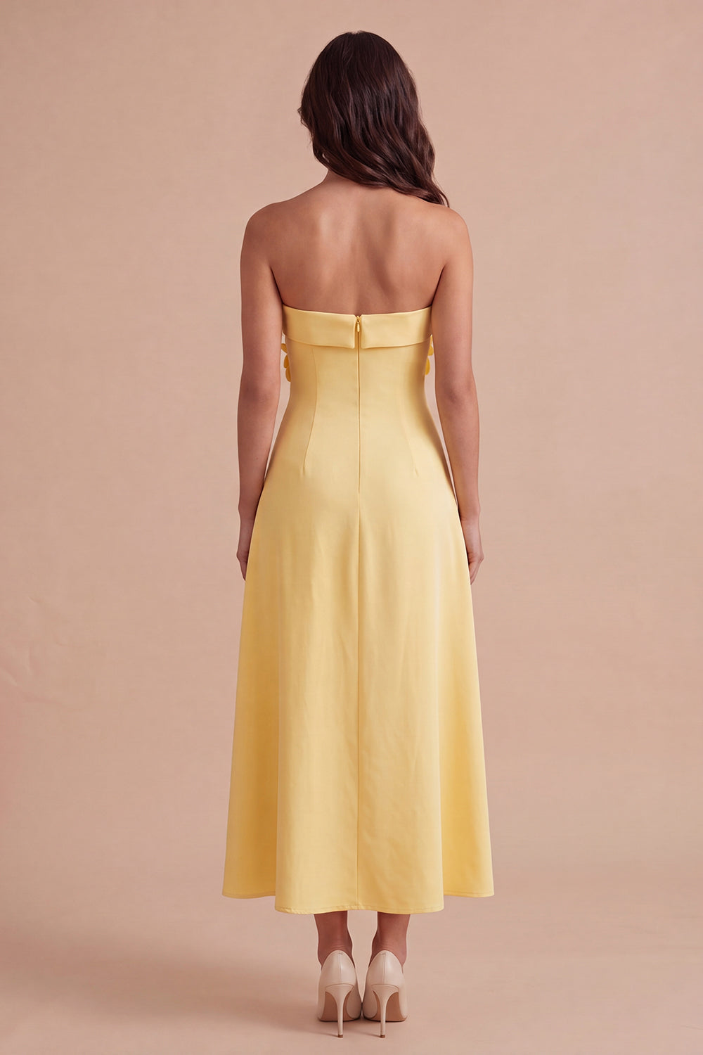 Yellow Floral Strapless A Line Long Wedding Guest Dress