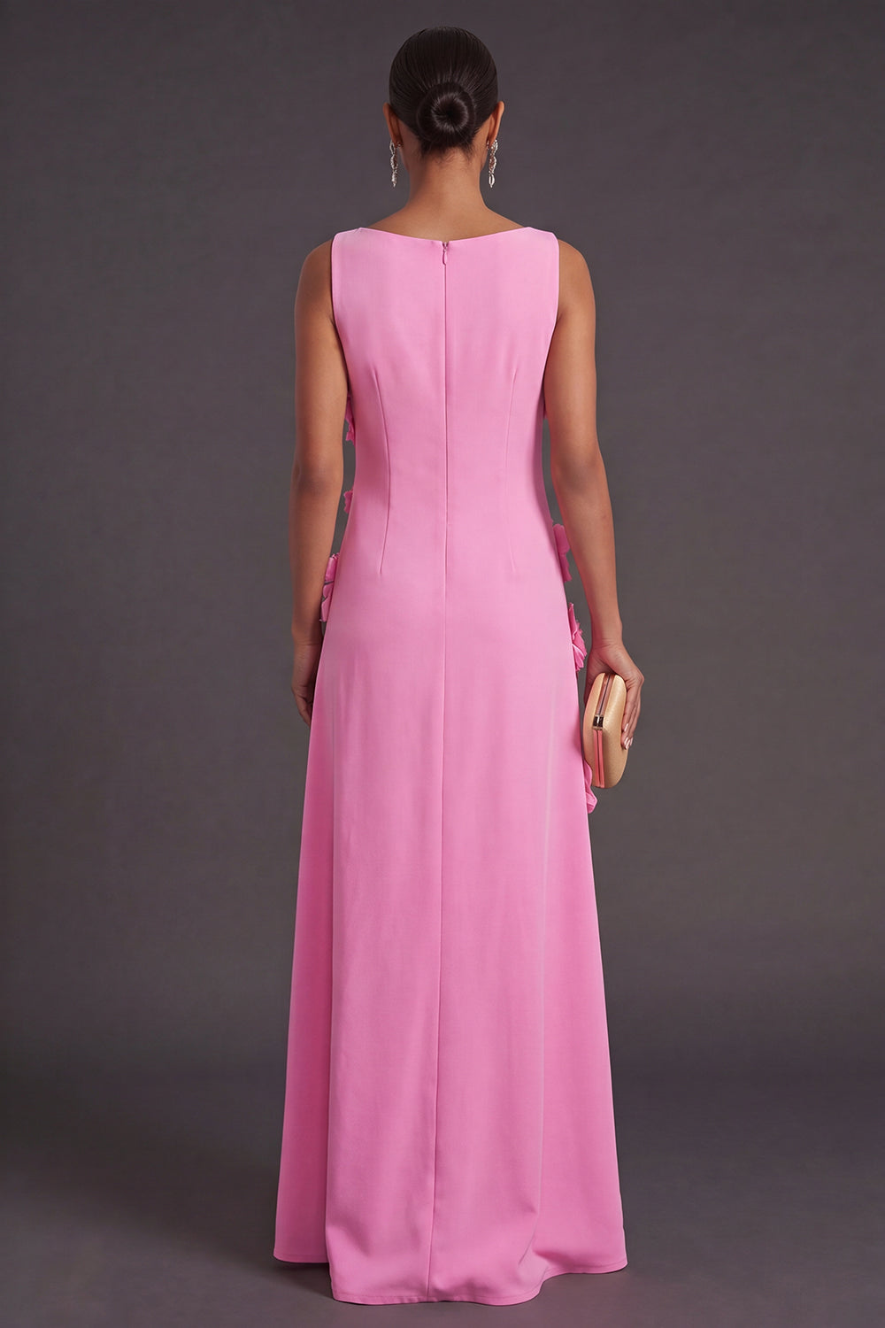 Hot Pink Floral Boat Neck A Line Long Formal Dress