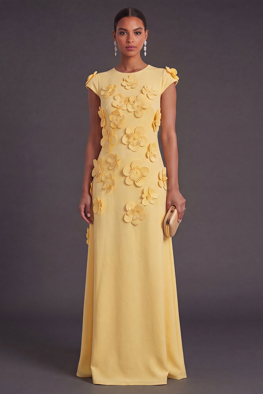 Yellow Floral A Line Round Neck Long Formal Dress