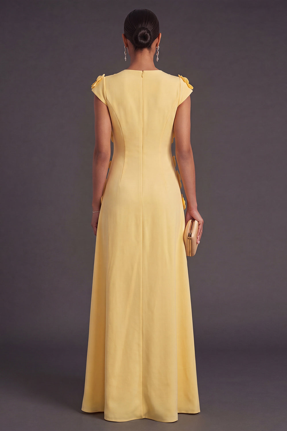 Yellow Floral A Line Round Neck Long Formal Dress