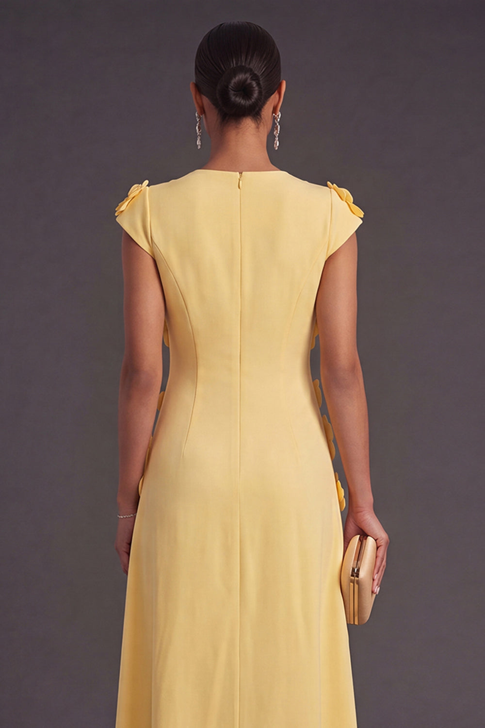 Yellow Floral A Line Round Neck Long Formal Dress