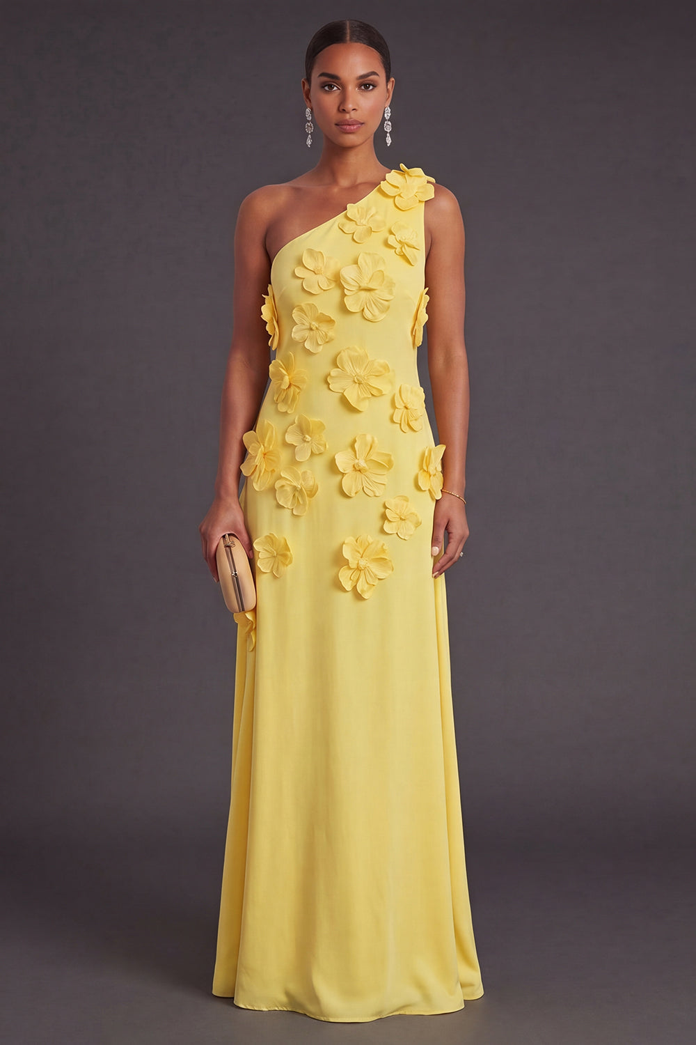 Yellow Floral One Shoulder Sheath Long Formal Dress