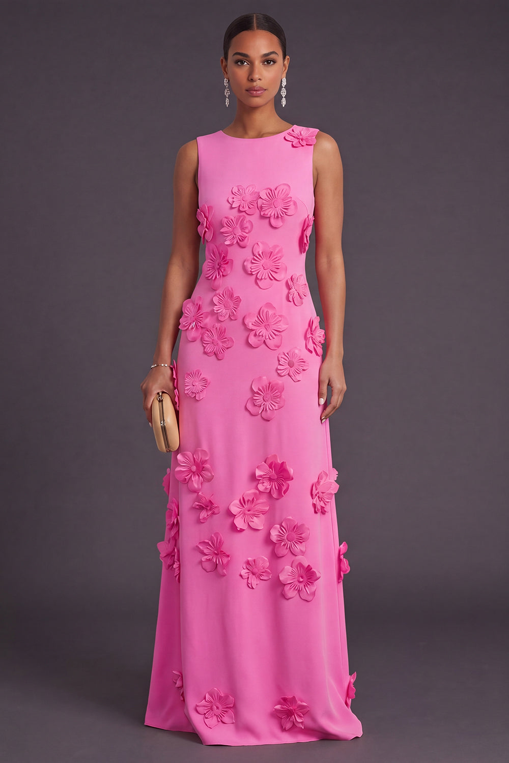 Hot Pink A Line Boat Neck Long Formal Dress with 3D Flowers