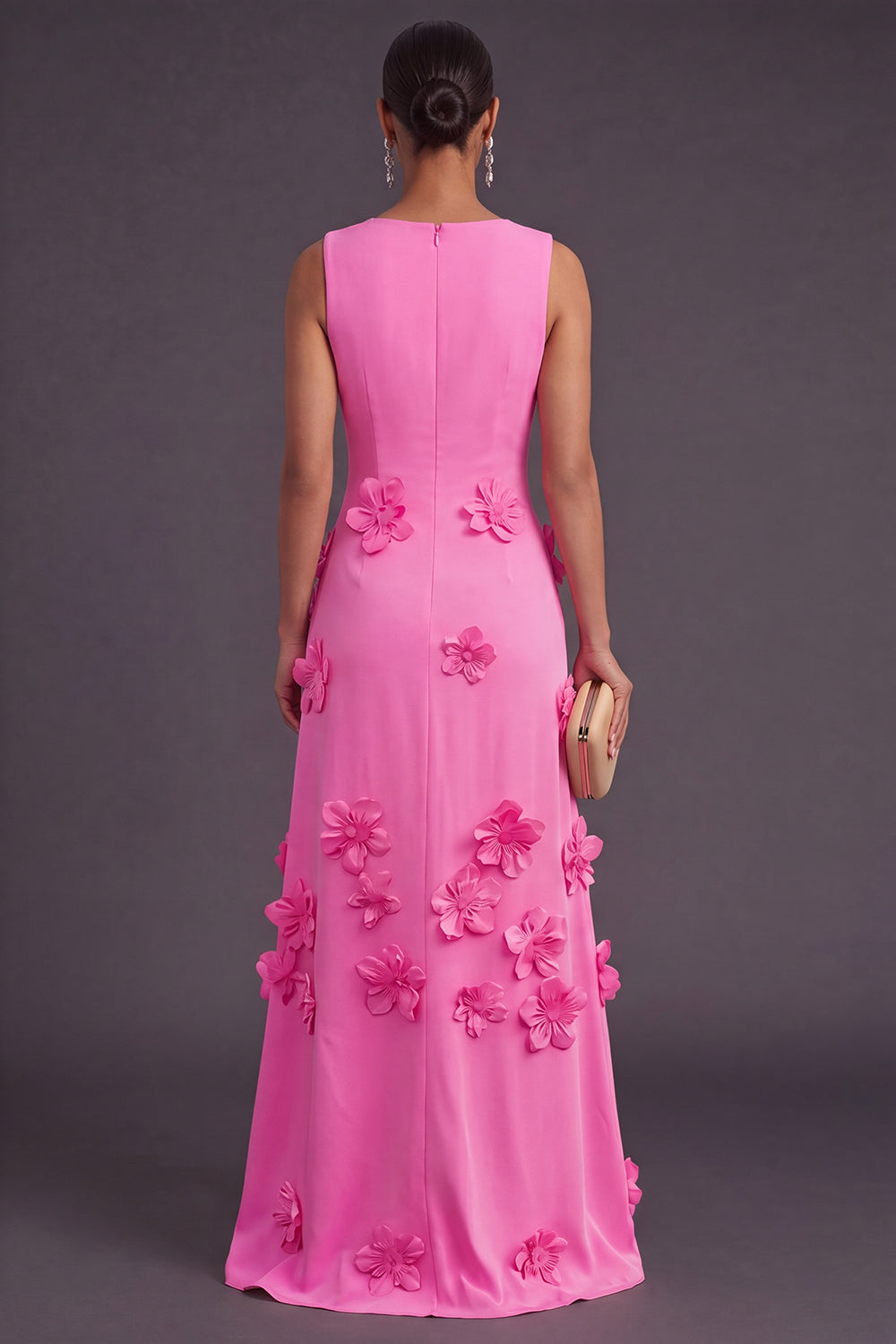 Hot Pink A Line Boat Neck Long Formal Dress with 3D Flowers
