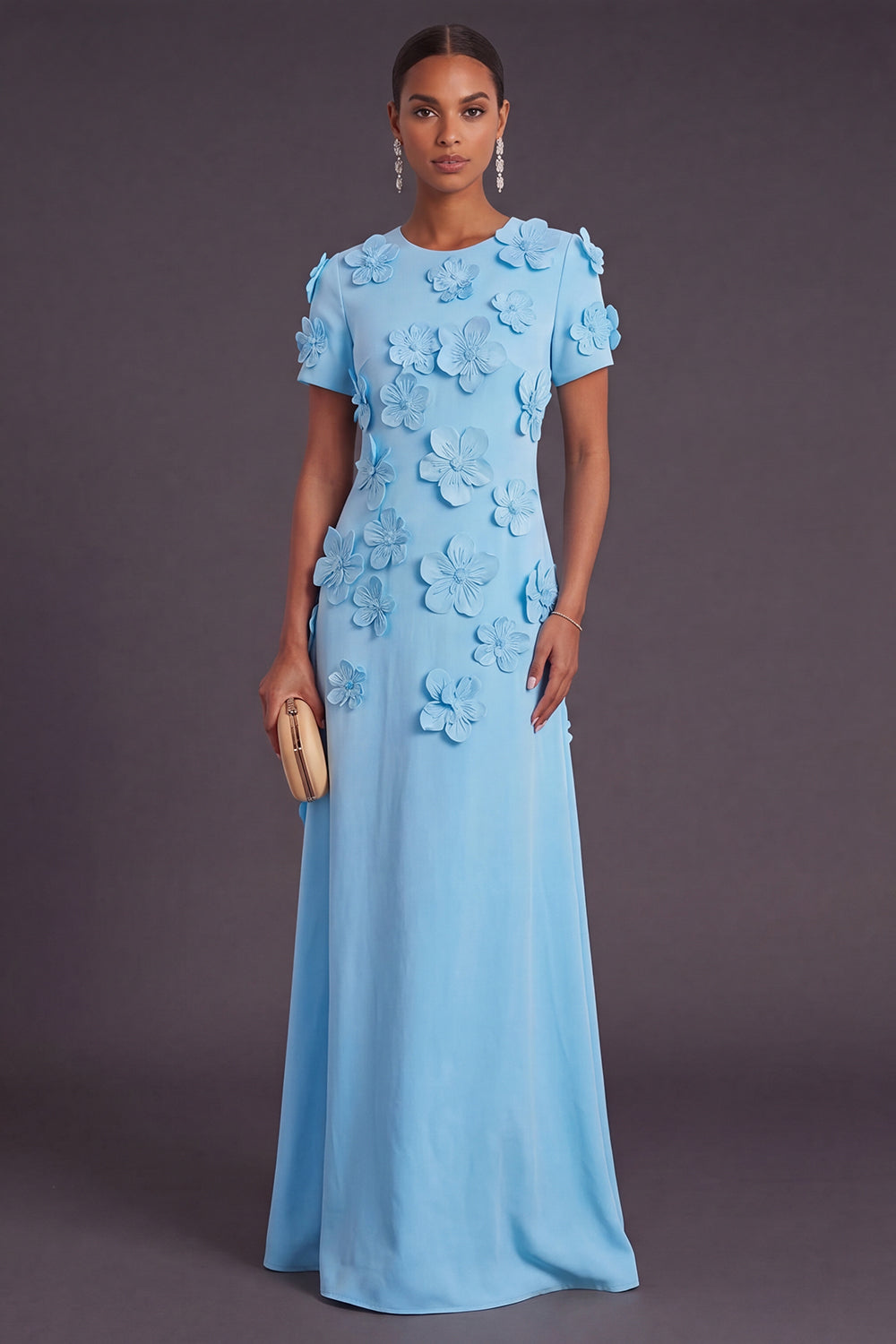 Leely Women Blue Floral Long Formal Dress A Line Round Neck Wedding Guest Dress with Sleeves
