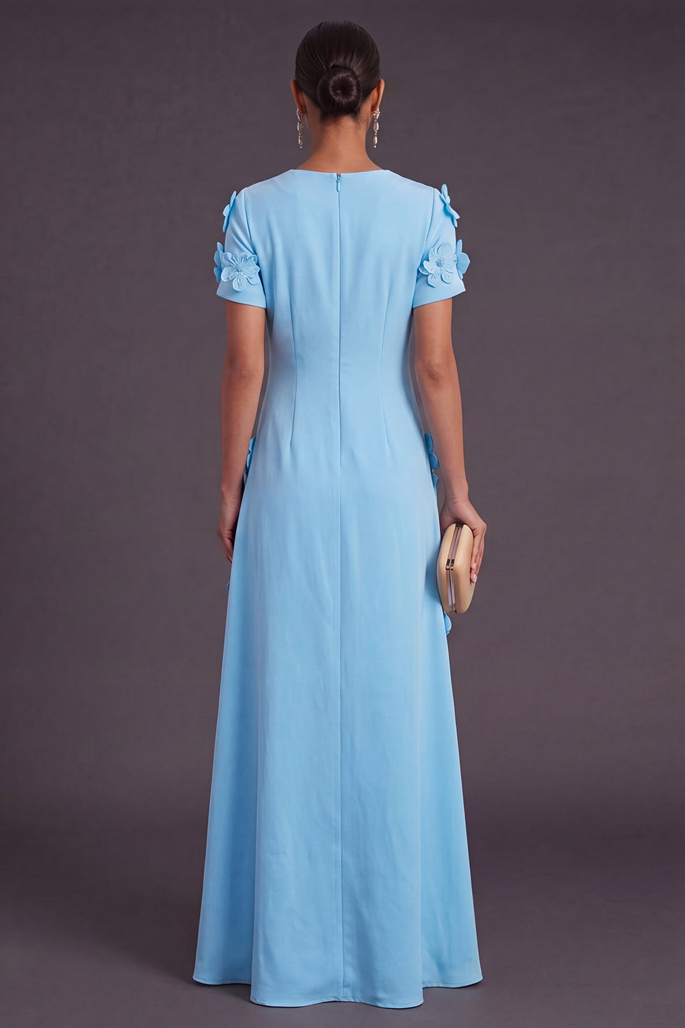 Blue Floral A Line Round Neck Long Formal Dress with Sleeves