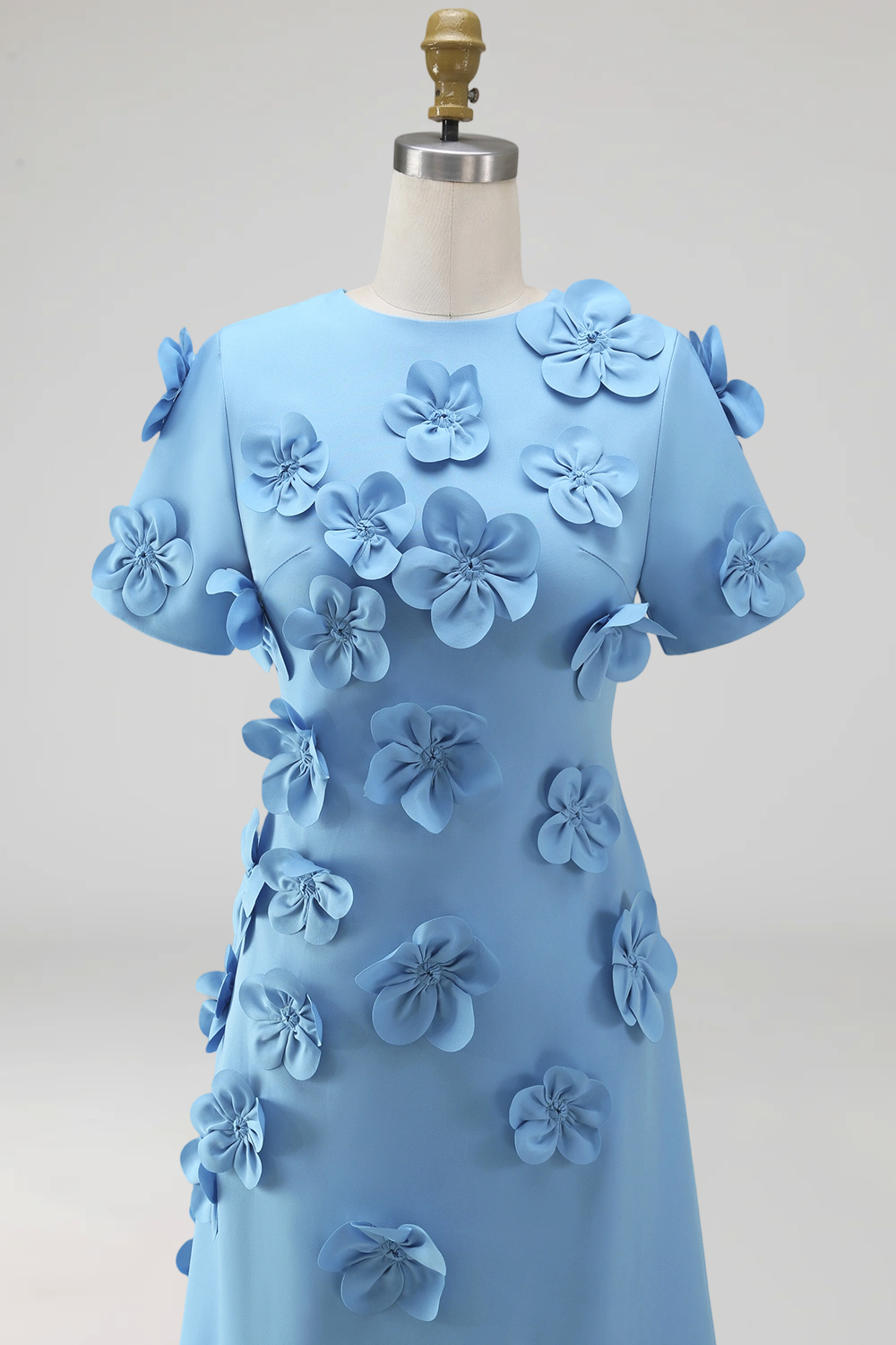 Blue Floral A Line Round Neck Long Formal Dress with Sleeves