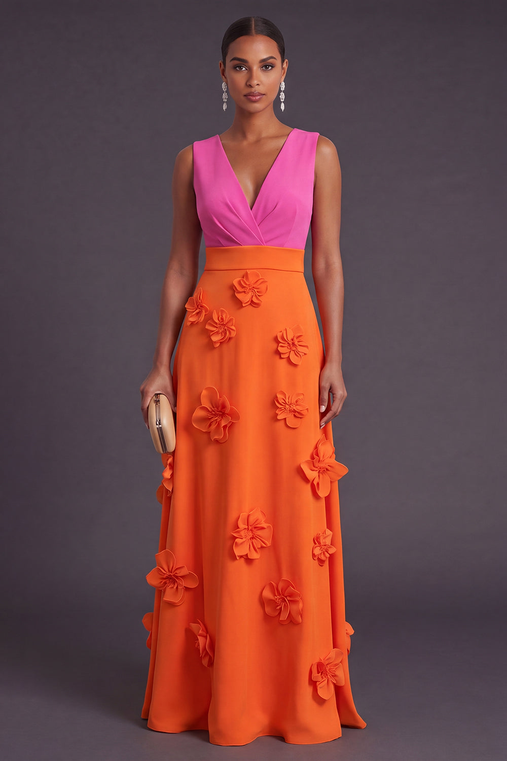 Leely Women Fuchsia and Orange Floral Long Formal Dress Ruched A Line V-Neck Wedding Guest Dress