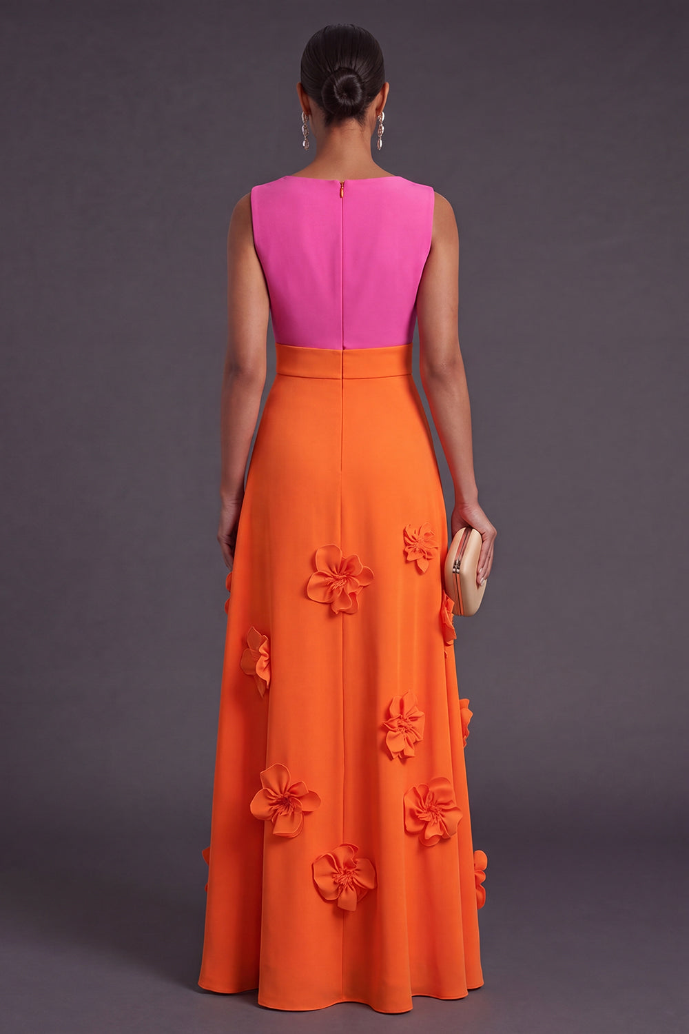 Fuchsia and Orange Floral A Line V-Neck Long Formal Dress