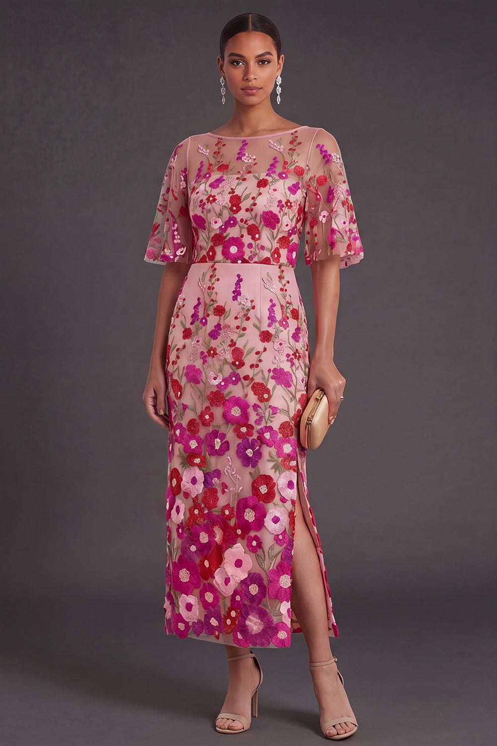 fuchsia embroidered dress Michelle Blossom Embroidered Midi Dress