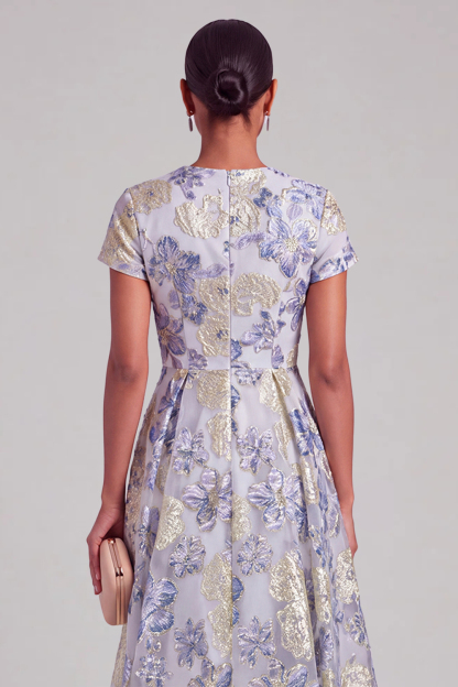 Jacquard Dusty Blue Floral A Line Long Wedding Guest Dress