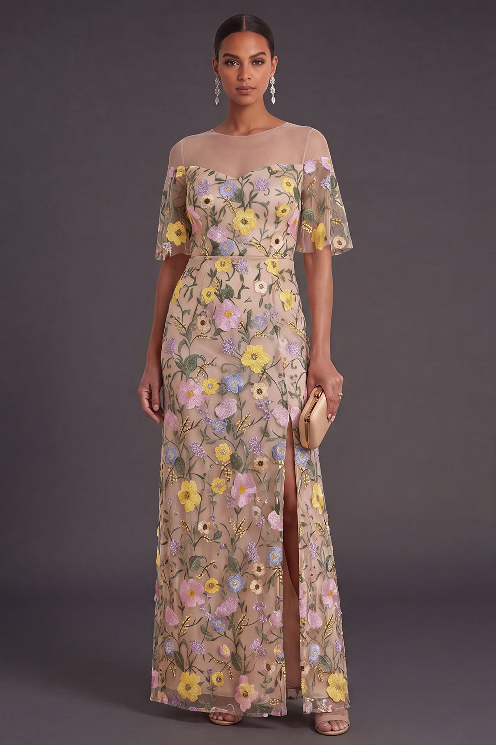 Champagne Embroidery Sheath Floral Long Formal Dress with Slit