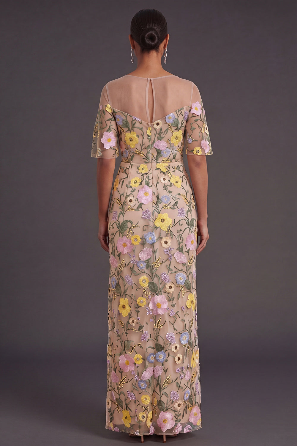 Champagne Embroidery Sheath Floral Long Formal Dress with Slit