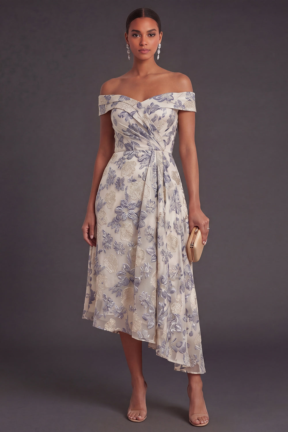 Dusty Blue Off the Shoulder Jacquard Floral Ruched Asymmetrical Formal Dress