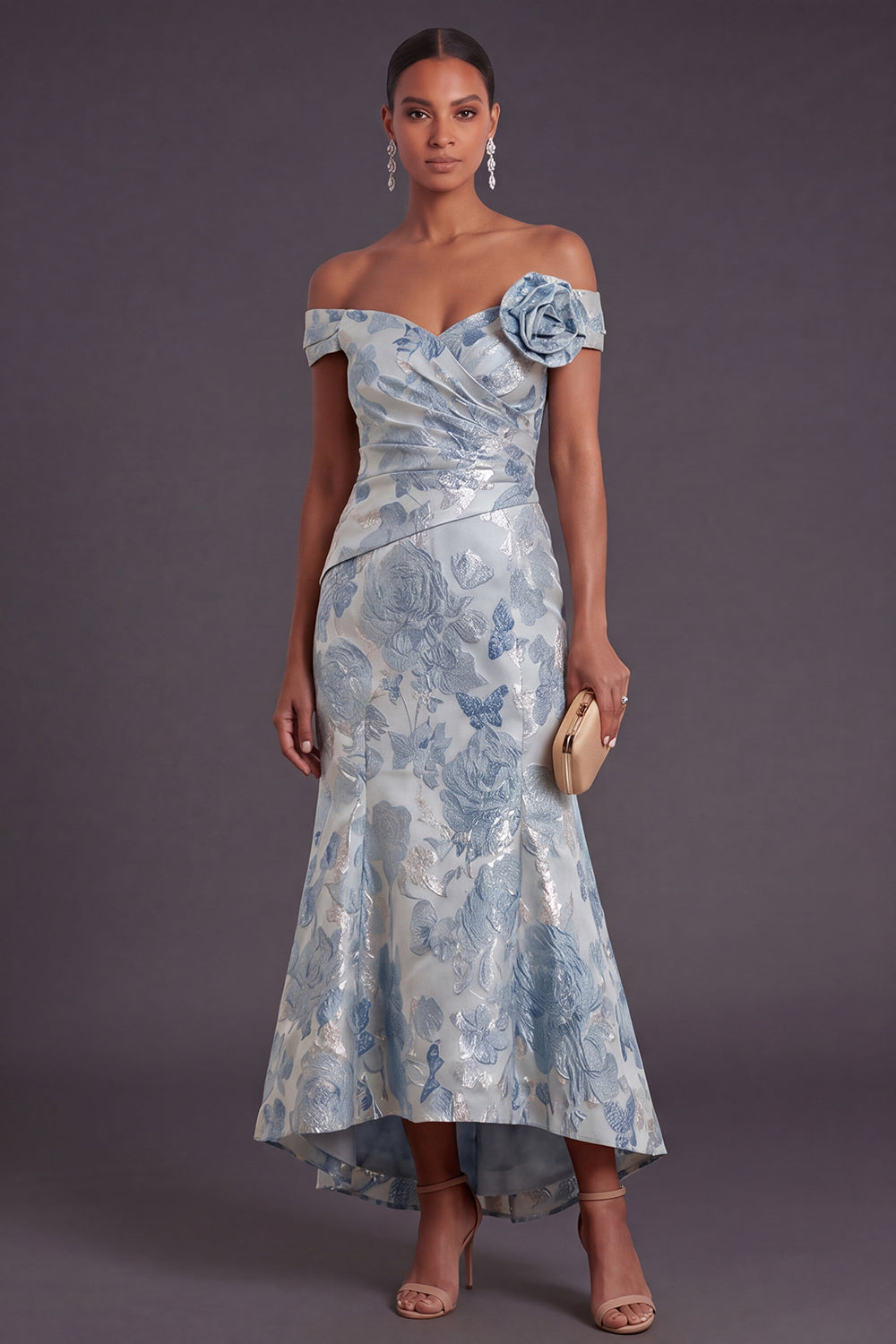Blue Jacquard Floral Off the Shoulder Mermaid Long Formal Dress