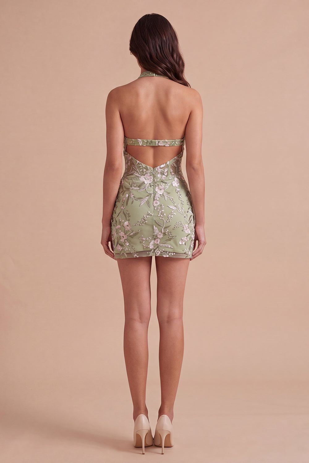 Sage Green Floral Corset Bodycon Halter Short Homecoming Dress