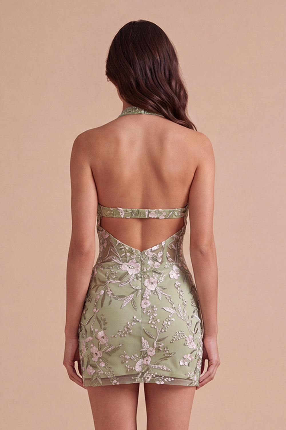 Sage Green Floral Corset Bodycon Halter Short Homecoming Dress