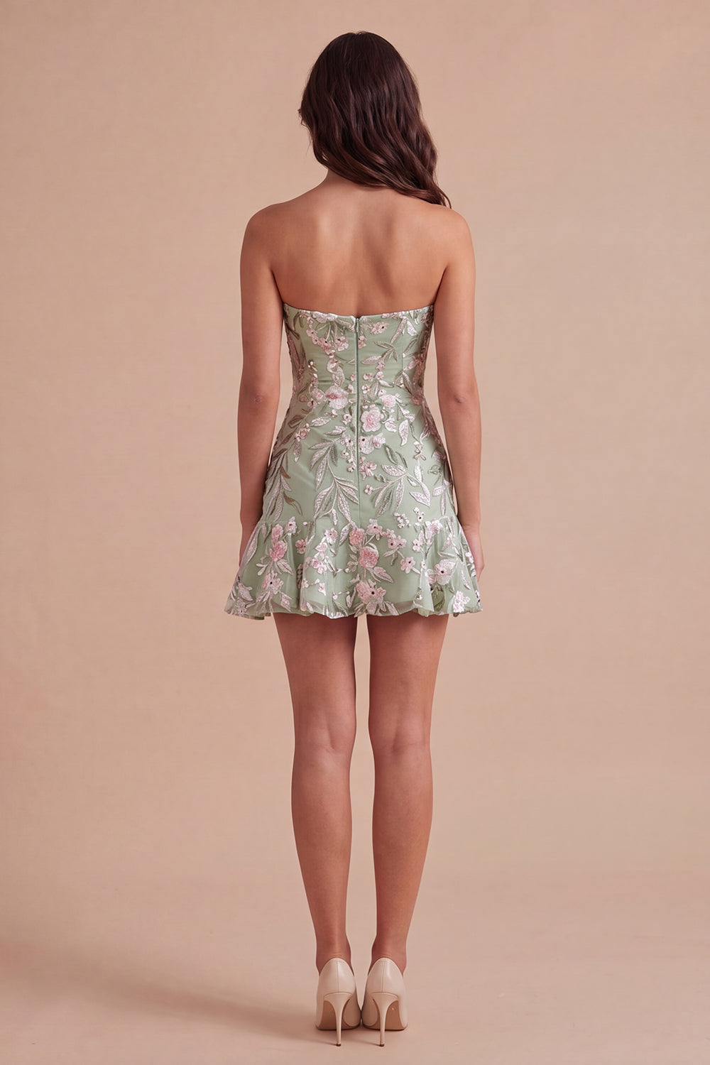 Sage Green Floral A Line Strapless Short Homecoming Dress