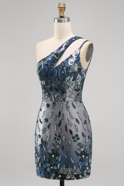 Navy Sparkly Sequin Floral Bodycon One Shoulder Short Homecoming Dress