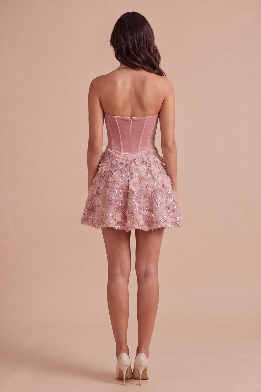Pink Sparkly Sequin Floral Corset A Line Halter Short Homecoming Dress