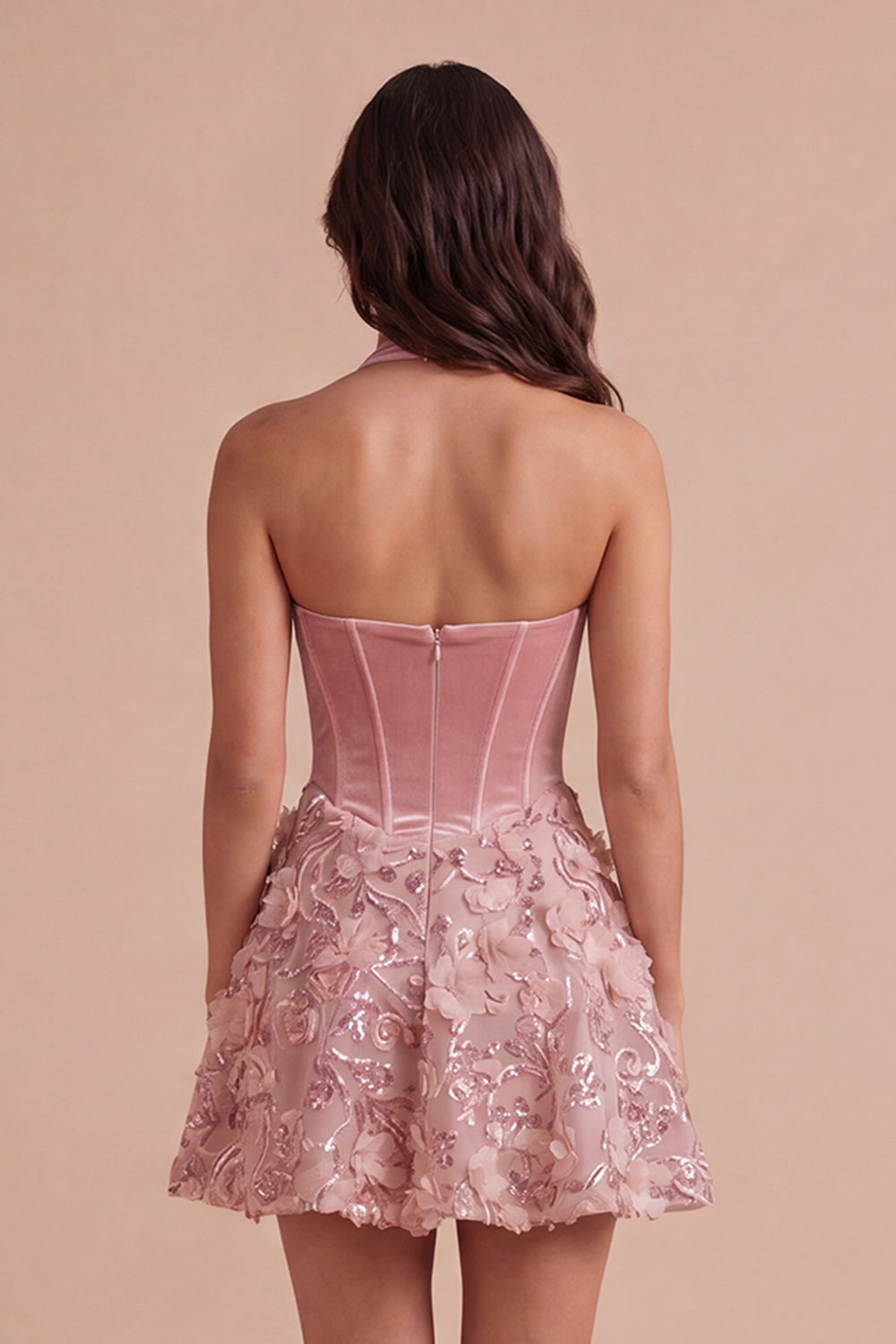 Pink Sparkly Sequin Floral Corset A Line Halter Short Homecoming Dress