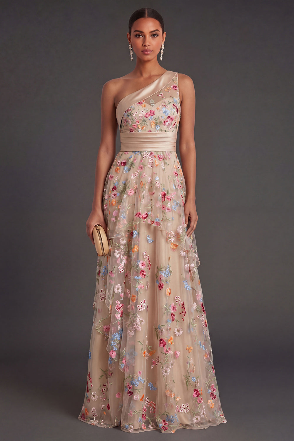 Champagne One Shoulder A Line Ruffled Floral Long Wedding Guest Dress