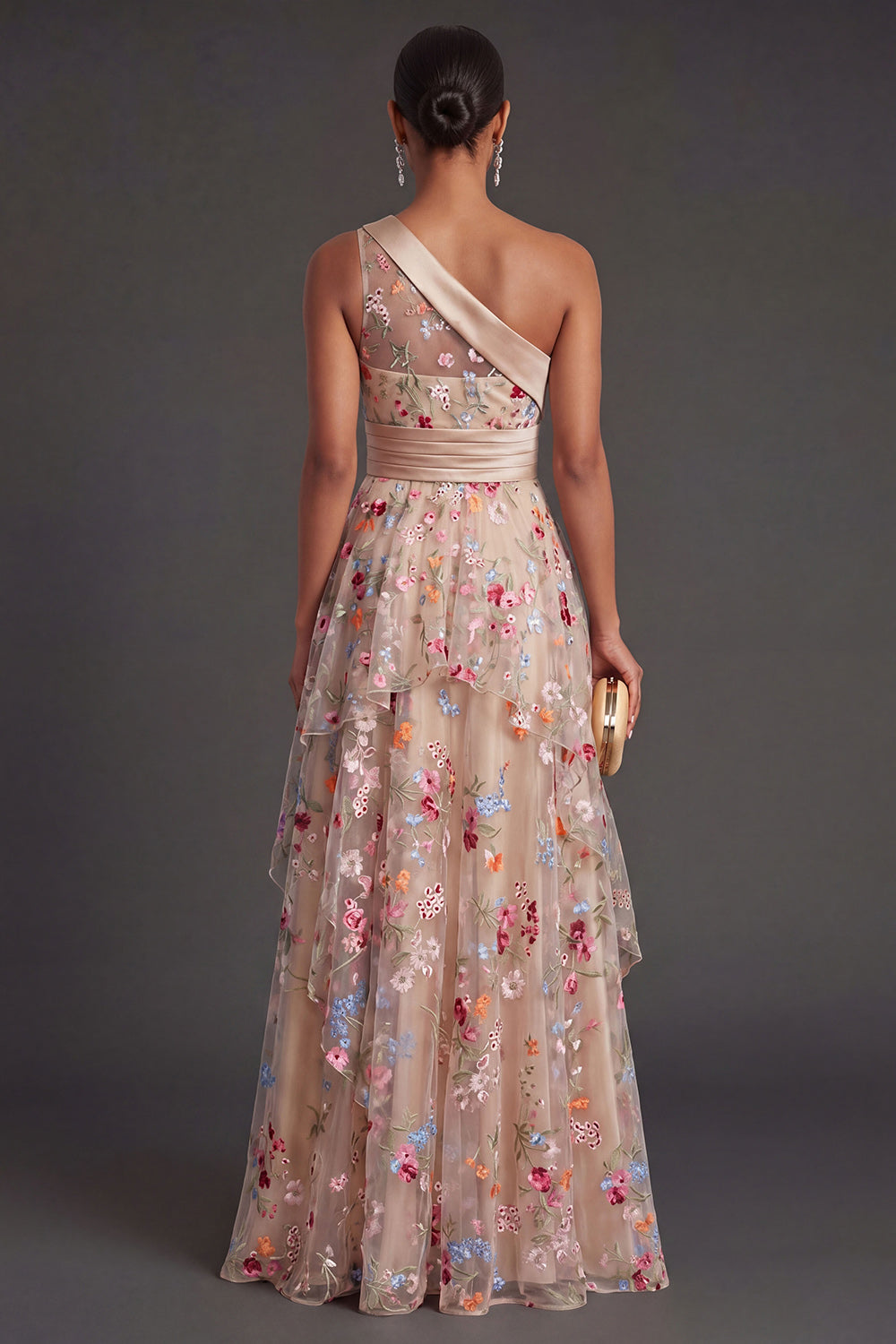 Champagne One Shoulder A Line Ruffled Floral Long Wedding Guest Dress