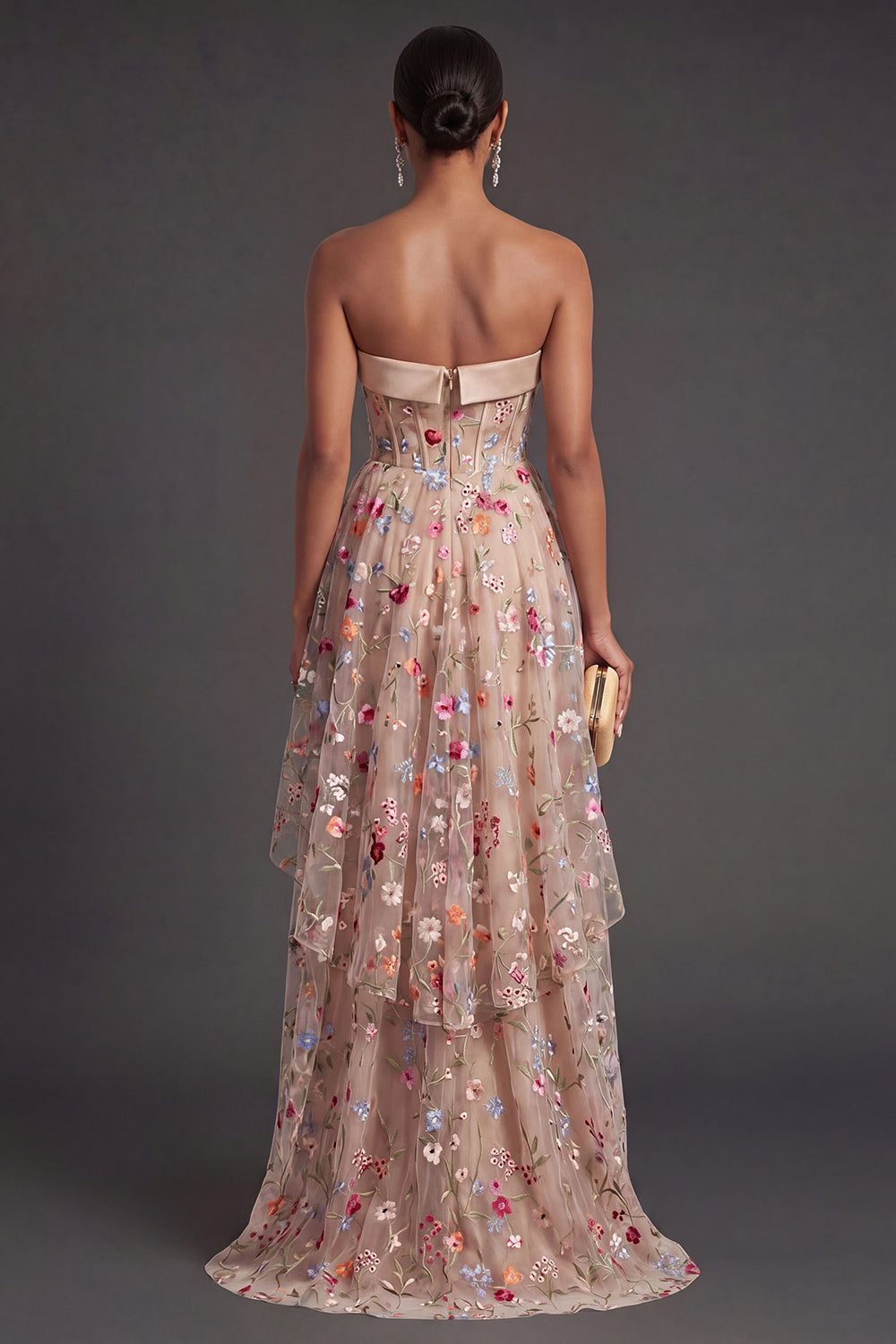 A Line Sweetheart Corset Floral Champagne High Low Wedding Guest Dress