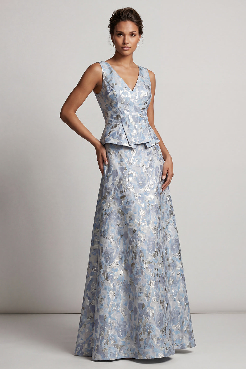 Dusty Blue A-Line V-Neck Jacquard Maxi Formal Dress