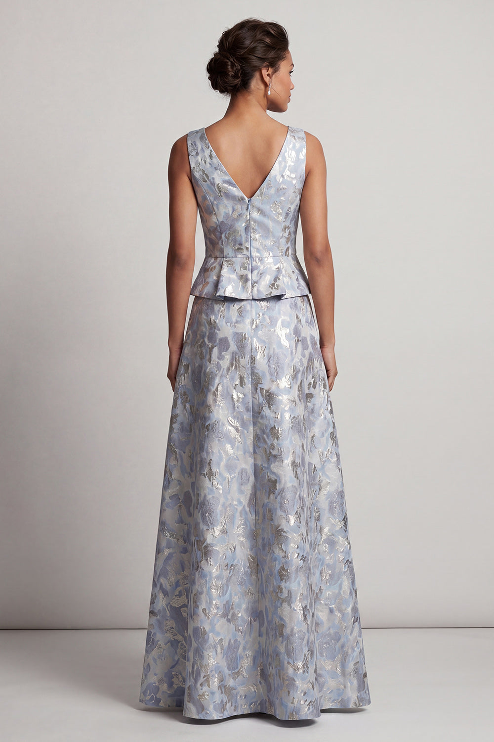 Dusty Blue A-Line V-Neck Jacquard Maxi Formal Dress