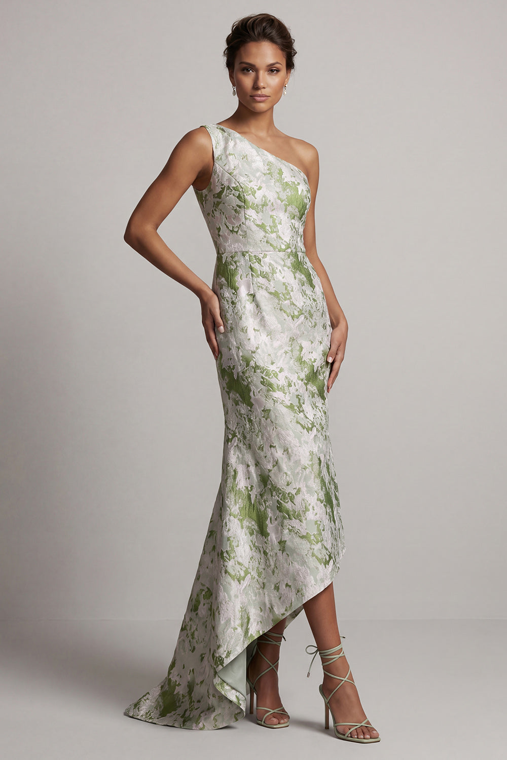 Light Green One Shoulder Mermaid High Low Jacquard Formal Dress