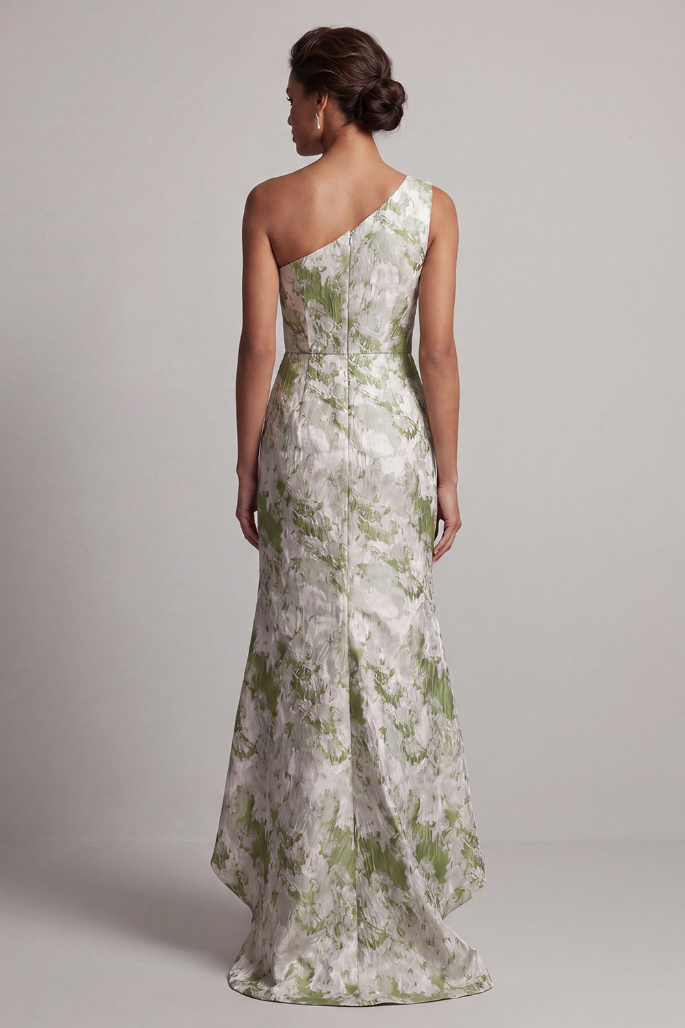 Light Green One Shoulder Mermaid High Low Jacquard Formal Dress