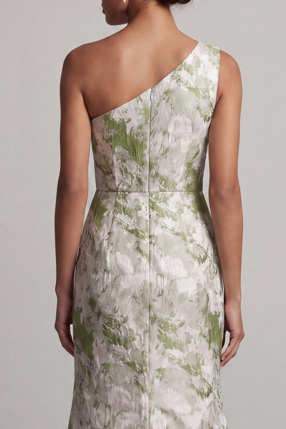 Light Green One Shoulder Mermaid High Low Jacquard Formal Dress