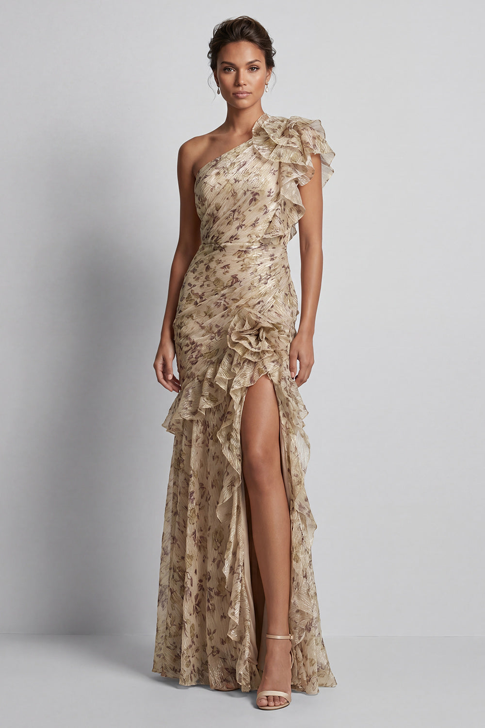 Champagne Ruffled Maxi One Shoulder Mermaid Formal Dress with Slit