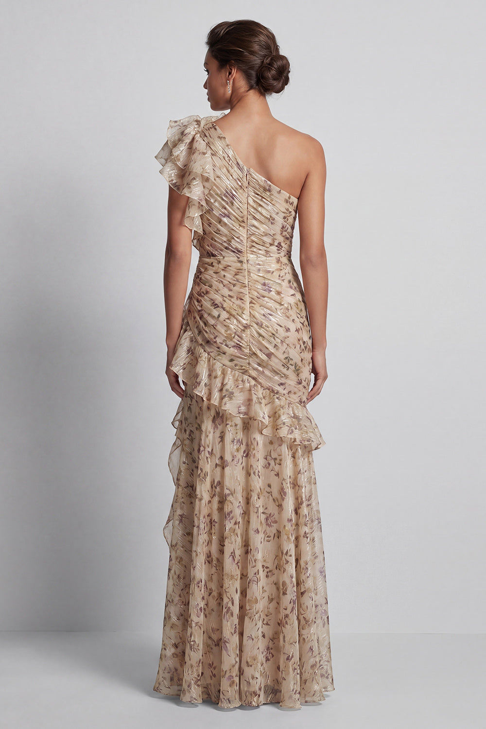Champagne Ruffled Maxi One Shoulder Mermaid Formal Dress with Slit