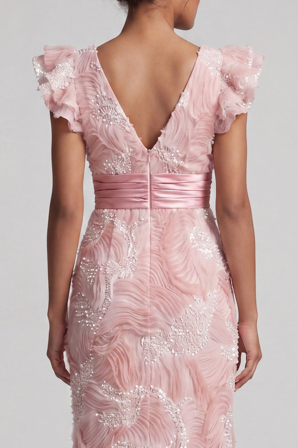 Blush Beaded Sheath Long Wedding Guest Dress with Ruffles