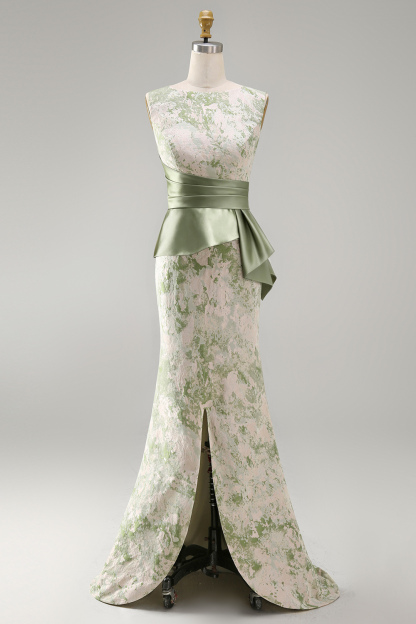 Light Green Mermaid Maxi Boat Neck Floral Formal Dress with Drape