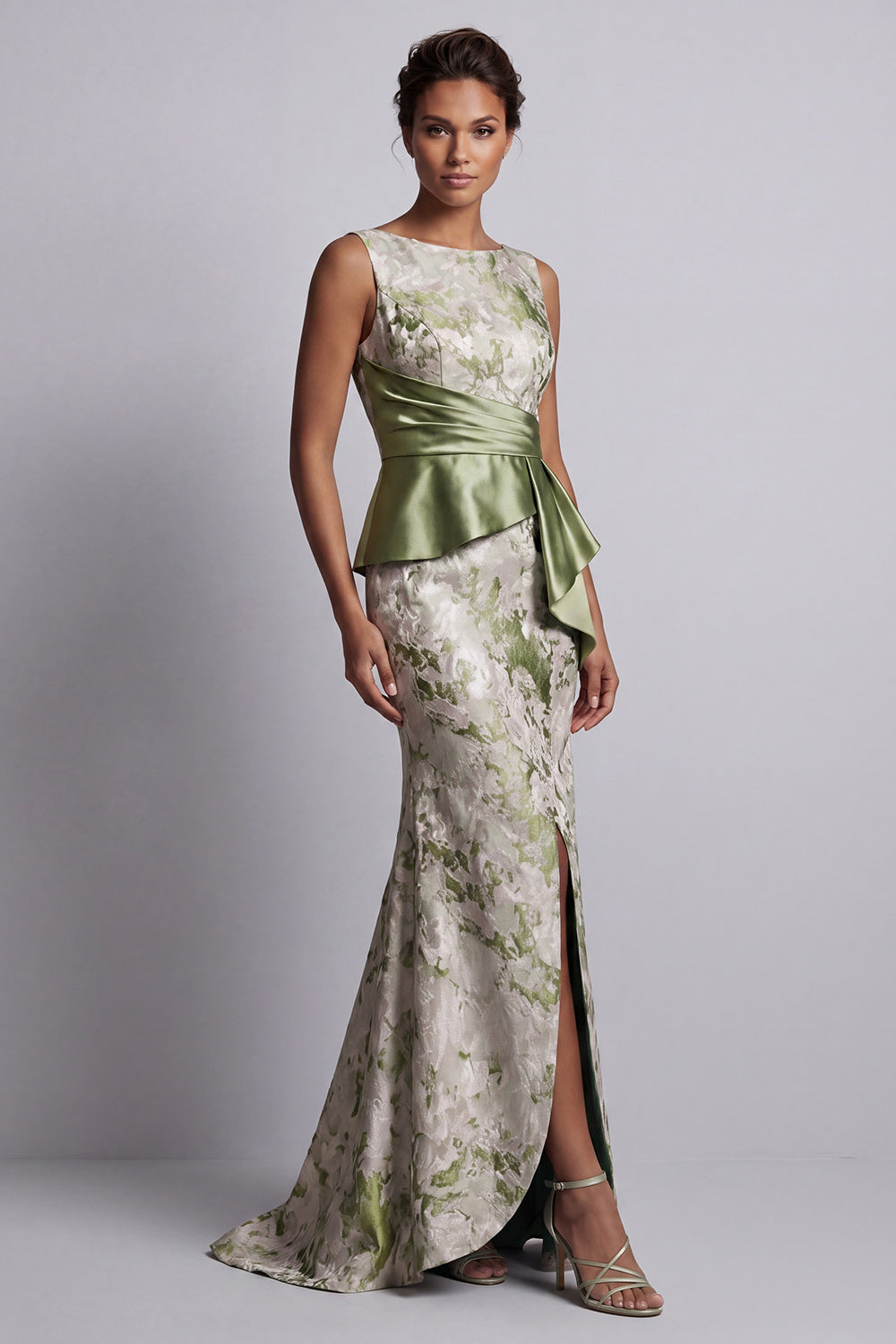 Light Green Mermaid Maxi Boat Neck Floral Formal Dress with Drape